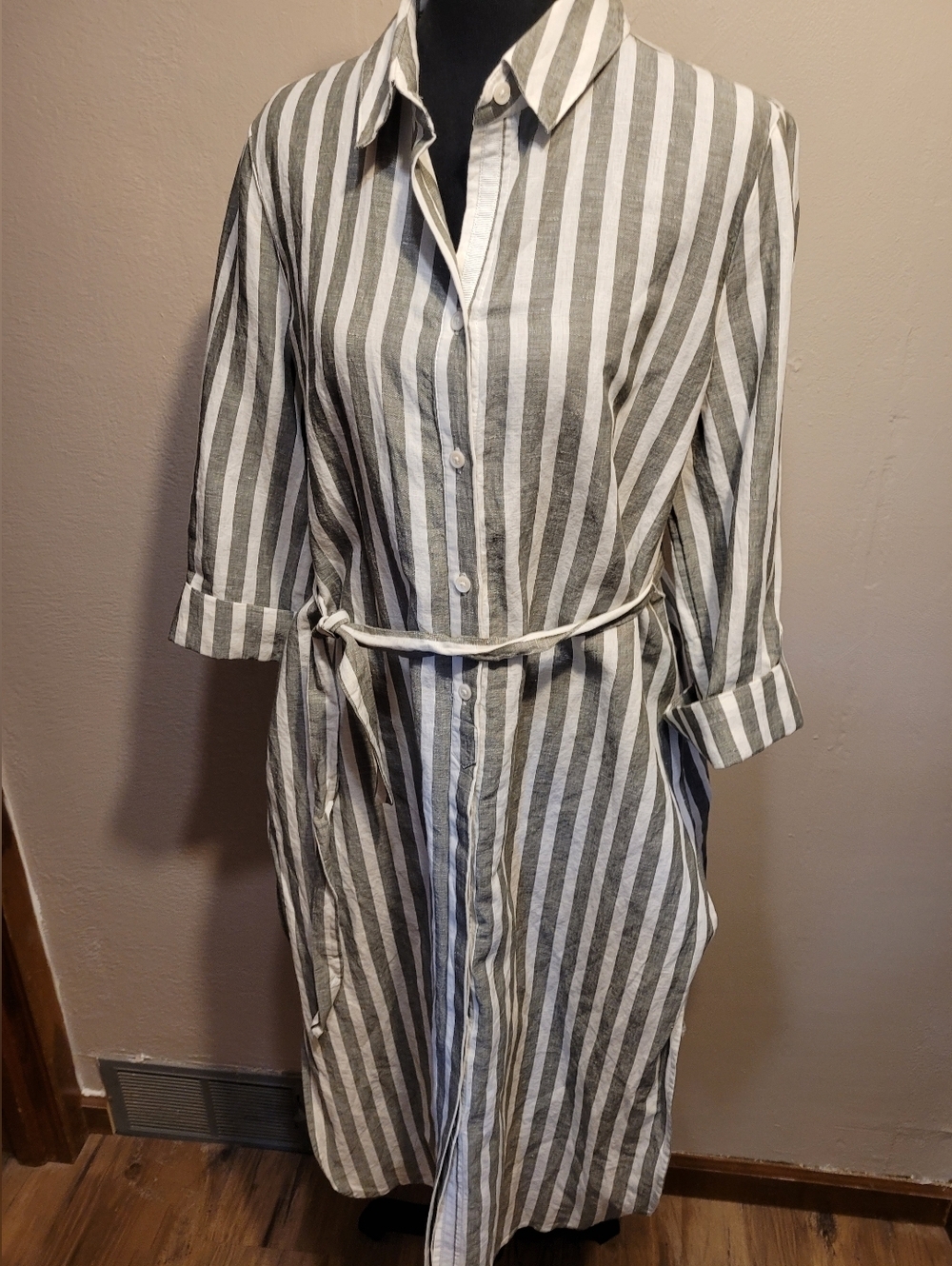 Chicos Linen Blend Maxi Tunic Stripe Skies Top 3/4 Sleeve Tropic Olive Button Up - Picture 2 of 8